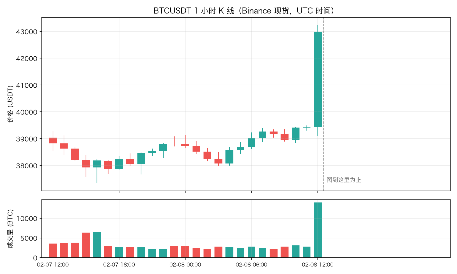 BTCUSDT 1 小时 K 线，图停在 2021-02-08 12:00 这根大阳线