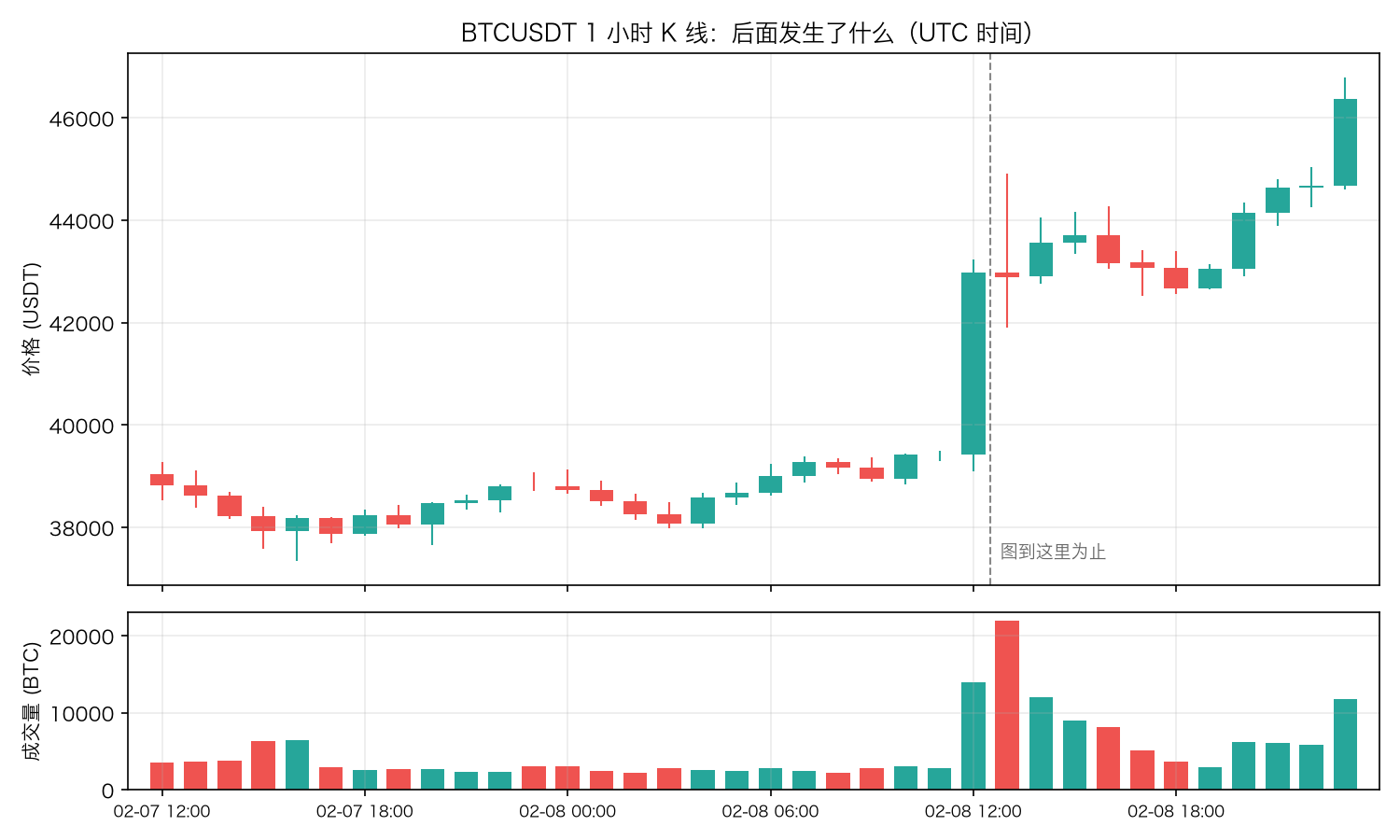 BTCUSDT 1 小时 K 线，揭晓 2021-02-08 12:00 之后的走势
